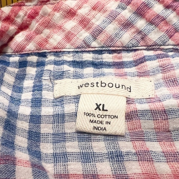 Westbound Red White Blue Plaid Long Sleeve Button Down Cotton Top XL - Picture 5 of 7